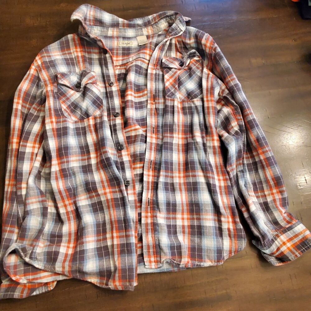 LL Bean Boys Size 14/16 Grey/Orange/Blue Plaid Shirt